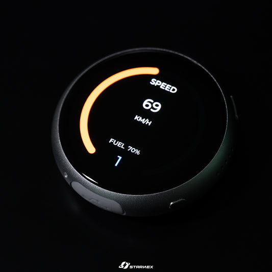 SRACING M1 round OBD dashboard display showing speed and fuel level