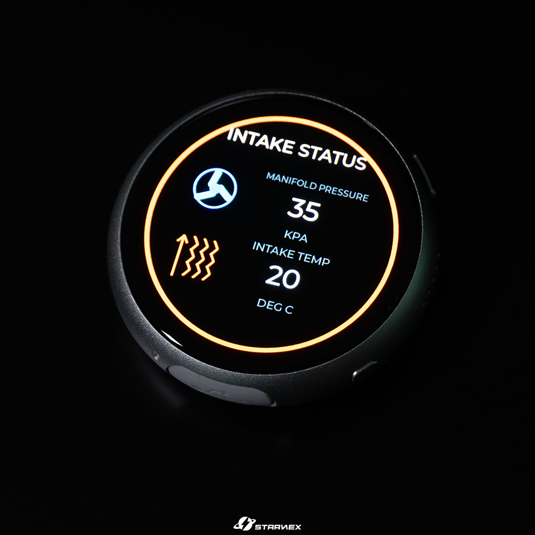 SRACING M1 round OBD display showing intake and engine status