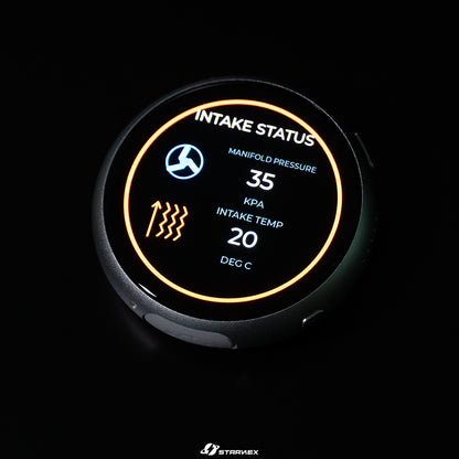 SRACING M1 round OBD display showing intake and engine status