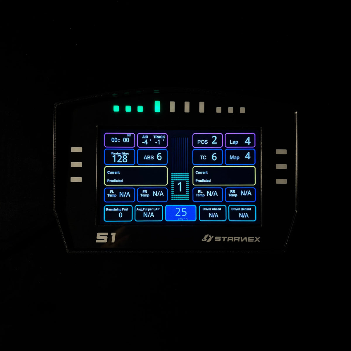 SRACING S1 automotive racing gauge front view on a black background