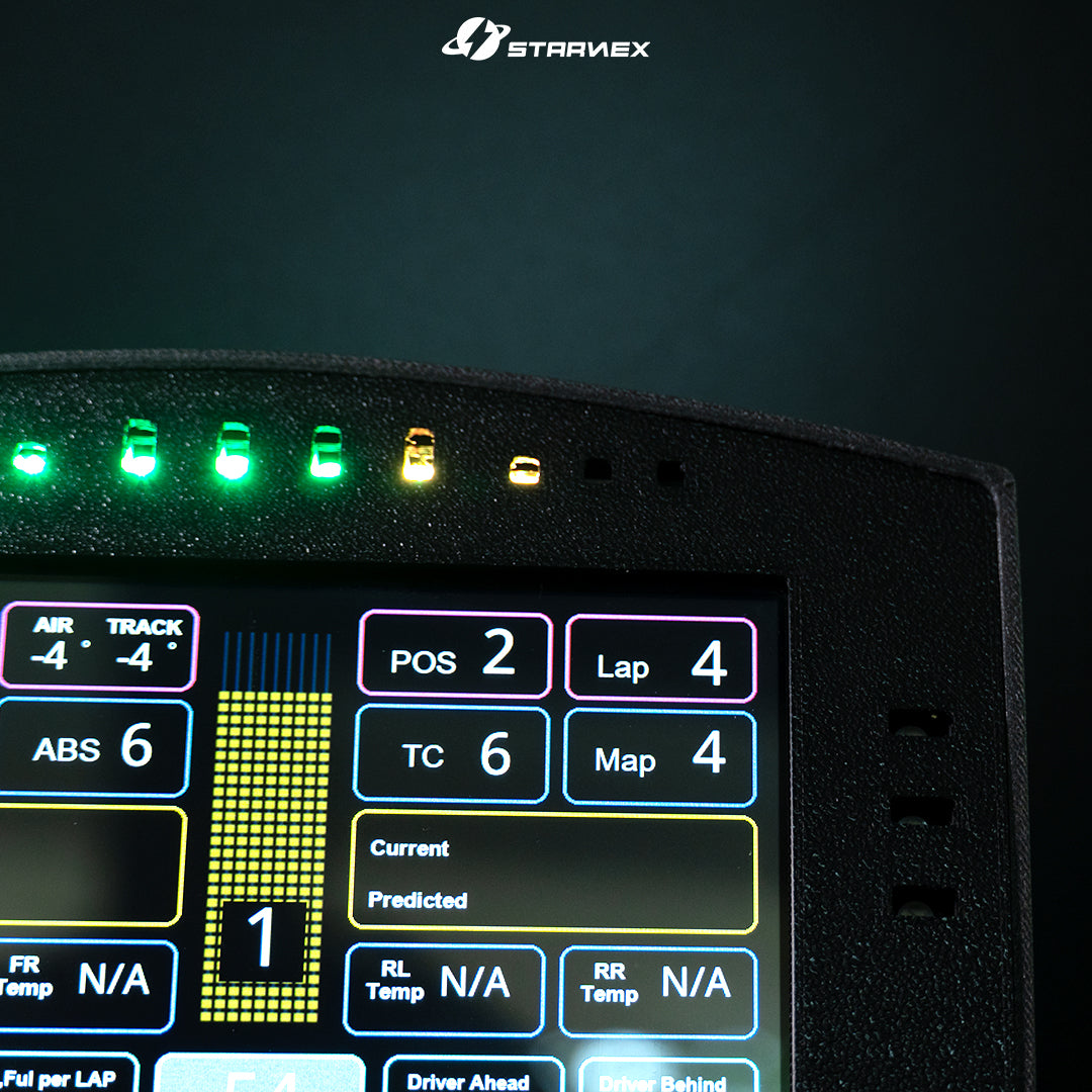 Close-up of the SRACING S1 lap and vehicle data display with LED shift lights
