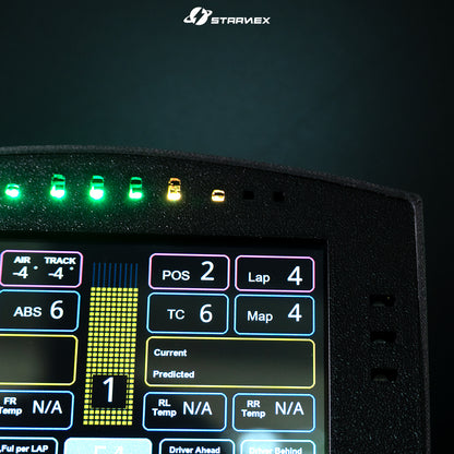 Close-up of the SRACING S1 lap and vehicle data display with LED shift lights