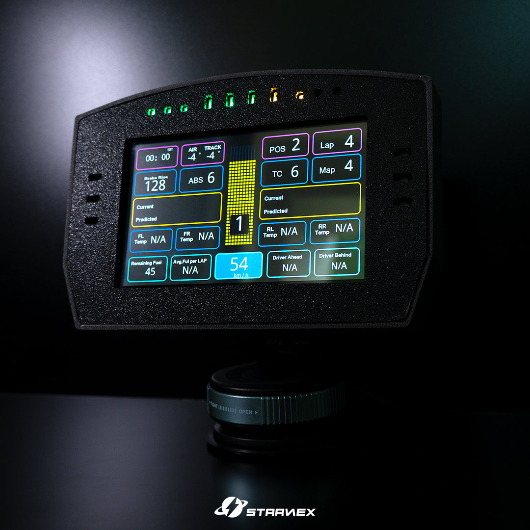 SRACING S1 racing gauge mounted on its dashboard stand