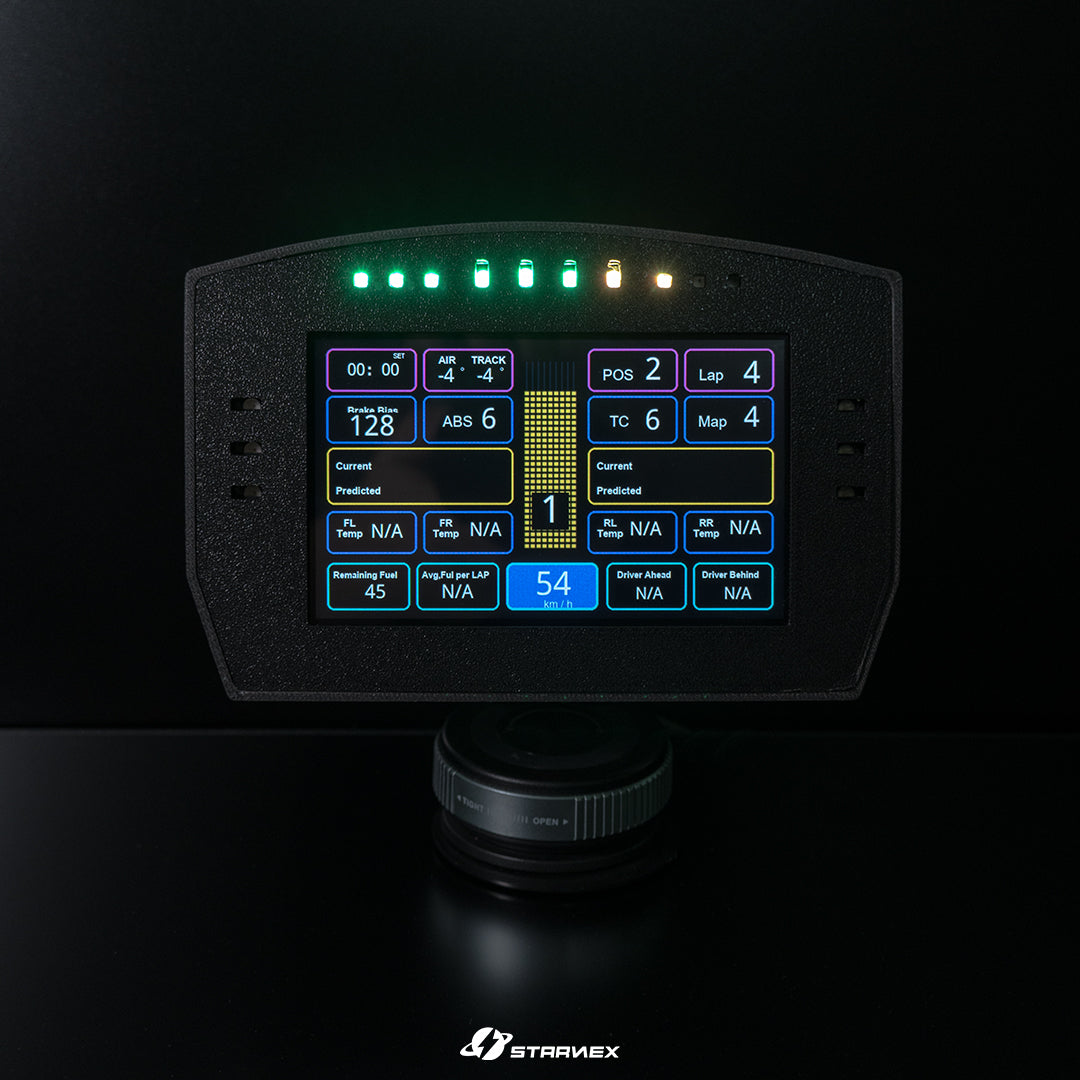 Front view of the SRACING S1 gauge showing lap and vehicle data