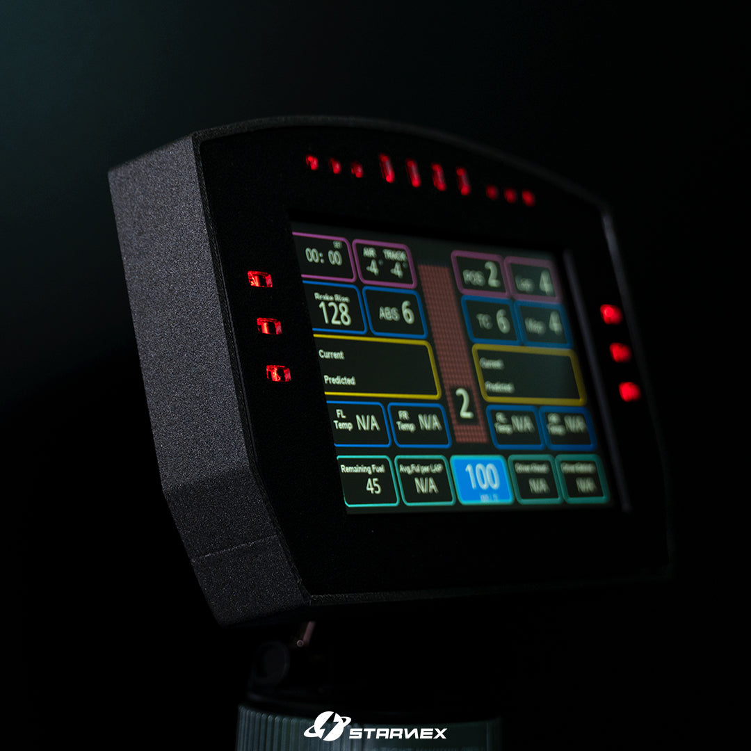 Angled view of the SRACING S1 automotive racing gauge with illuminated LEDs