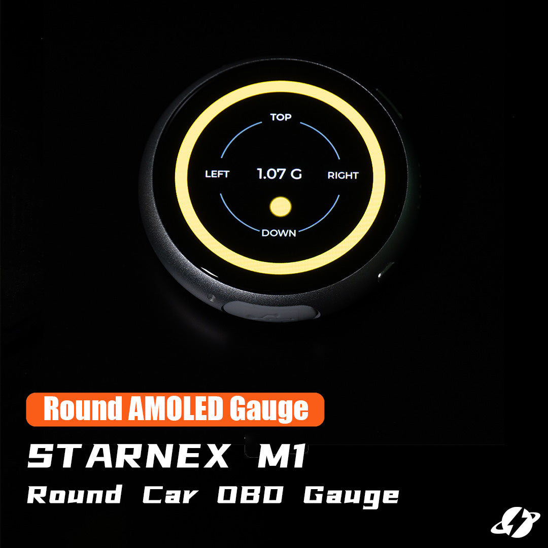 SRACING M1 round AMOLED OBD gauge showing a G-force display