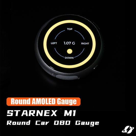 SRACING M1 round AMOLED OBD gauge showing a G-force display
